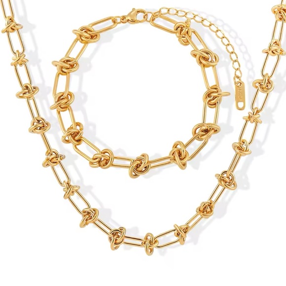 Graduated Link 18K Gold Stainless Steel Knot Necklace&Bracelet Set - Picture 8 of 8